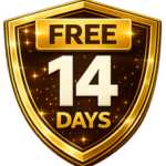 Glossy gold shield badge featuring bold 'FREE 14 DAYS' lettering with sparkling stars and a polished finish, suitable for FX Gold Fire promotions.
