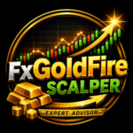 FxGoldFire Scalper graphic with rising gold trading candlesticks, an upward arrow, stacked gold bars, coins, and Expert Advisor text on a black background.